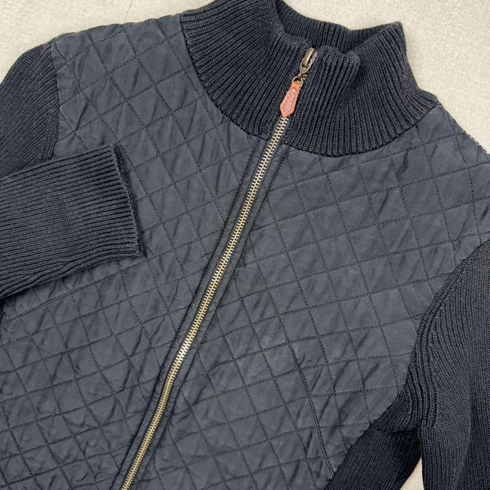 J.McLaughlin Full Zip Cardigan Womens XS Black Quilted Silk Front Mock Ribbed